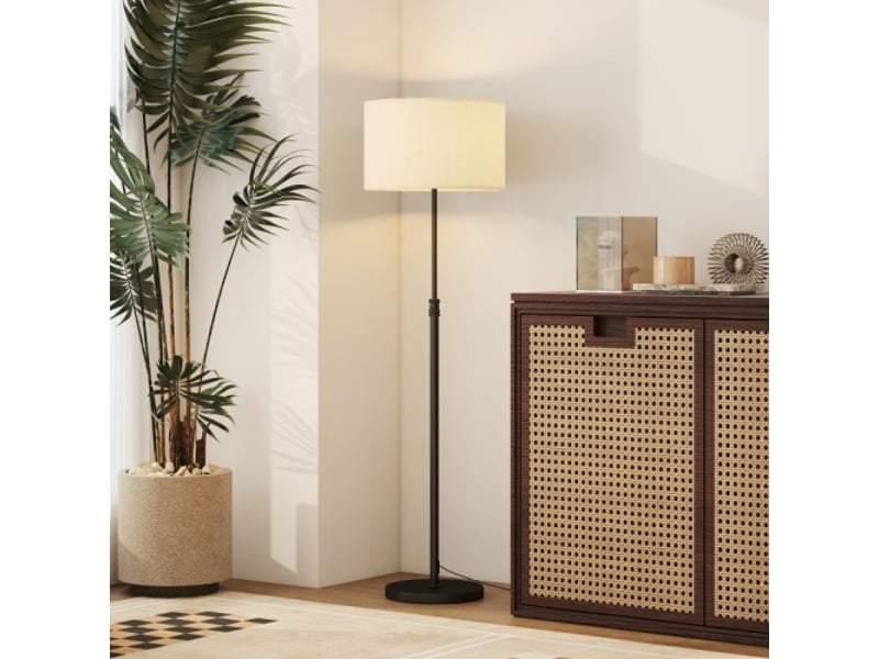 Lampadaire réglable en hauteur, métal noir, abat-jour en tissu, télécommande, variateur, interrupteur au pied - Conforama B