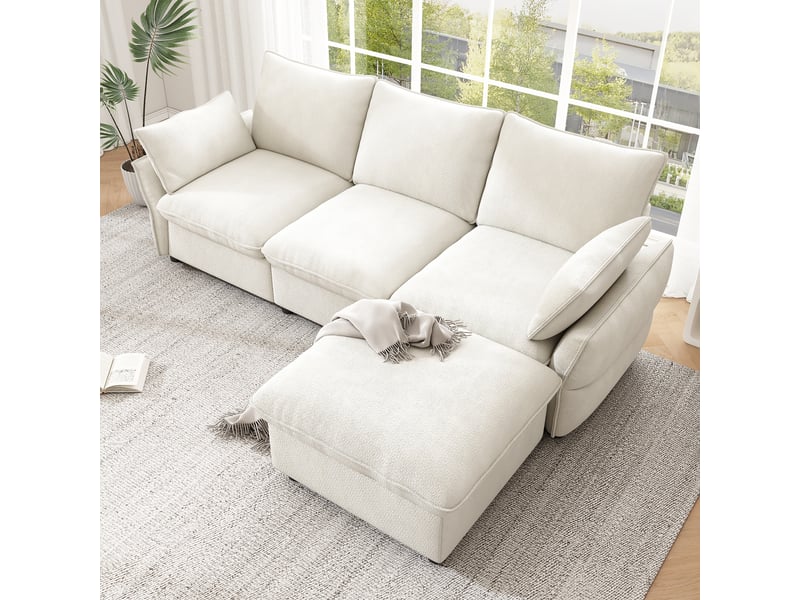  Canapé d’angle 3 places 222,5x154,5x76,5 cm avec ottomane et 1 pouf, pour salon et appartement, chenille, beige Sol Morn - Conforama E