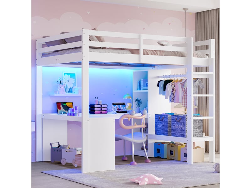  Lit mezzanine 140x200 cm coloris blanc led pin lit enfant blanc - Conforama D