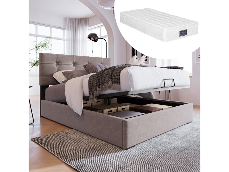 Lit coffre 90x200 cm - lit coffre capitonné simple avec tête de lit réglable et coffre hydraulique, velours gris, matelas inclus - Conforama D