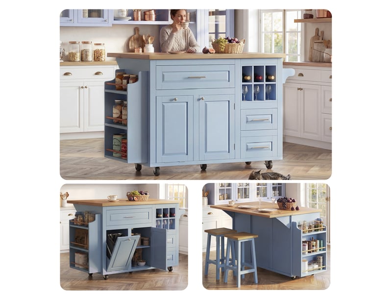  Îlot de cuisine sur roulettes bleu avec plateau rabattable, desserte de cuisine bleue avec panier à vin et espace poubelle, 143x75x91cm  - Conforama C