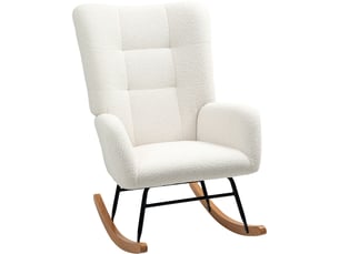 Fauteuil à bascule crème avec accoudoirs et pieds en bois, confort teddy, idéal pour salon ou chambre
