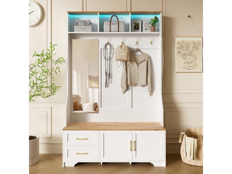 Meuble d’entrée multifonction moderne avec led, miroir, patères, tiroirs et banc de rangement - Conforama B