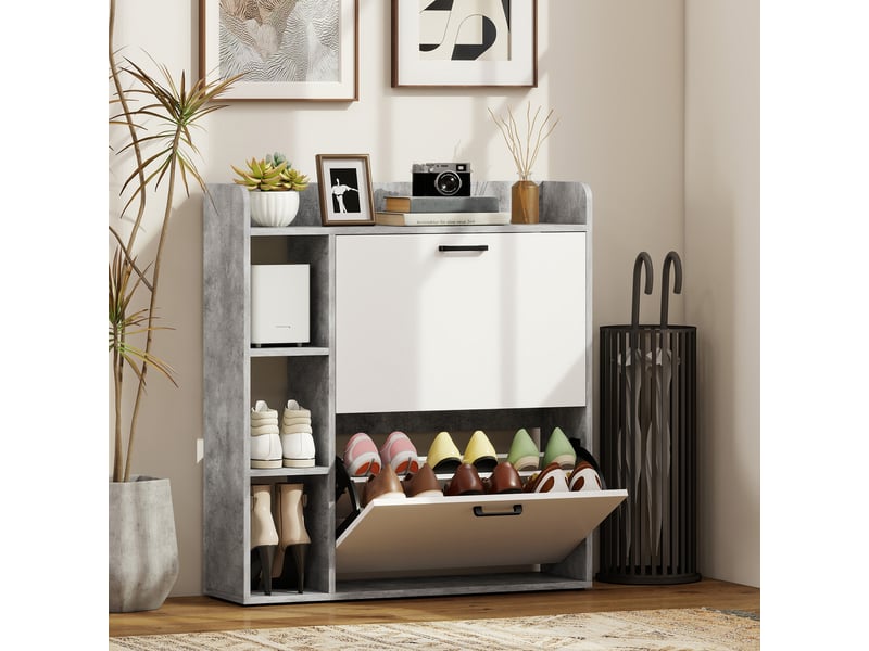 Étagère à chaussures étroite avec 2 tiroirs inclinables et 3 compartiments ouverts, capacité 15 paires de chaussures, 83 x 24 x 90,5 cm, gris - Conforama B