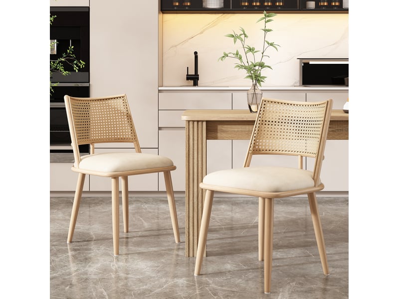  Lot de 6 chaises 50x48x80 cm, beige, dossier en rotin, chaises de salle à manger avec assise en pu  - Conforama E
