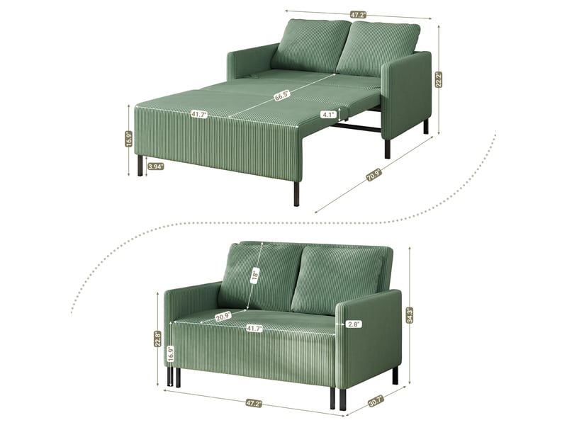 Canapé convertible 2 places en velours côtelé,canapé-lit moderne avec accoudoir,cadre en bois massif,l 120-180cm,vert 120x78x87cm - Conforama C