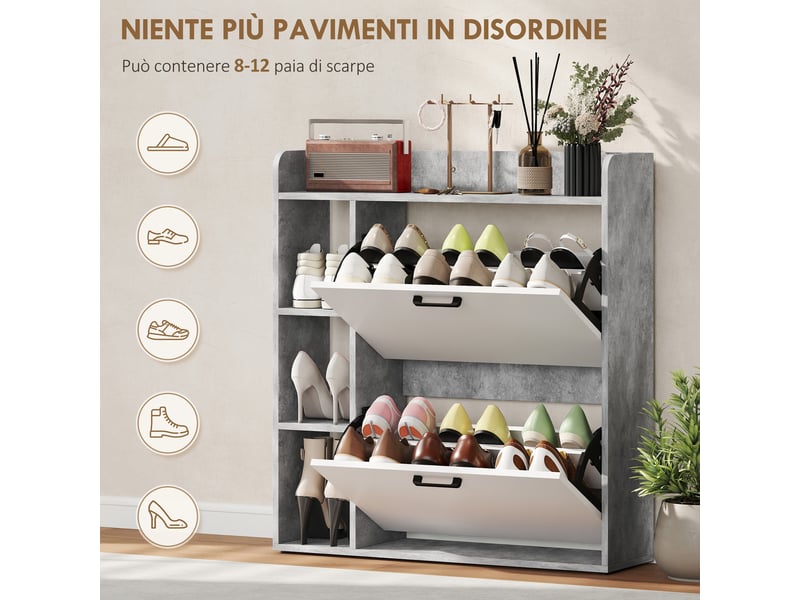 Étagère à chaussures étroite avec 2 tiroirs inclinables et 3 compartiments ouverts, capacité 15 paires de chaussures, 83 x 24 x 90,5 cm, gris - Conforama E