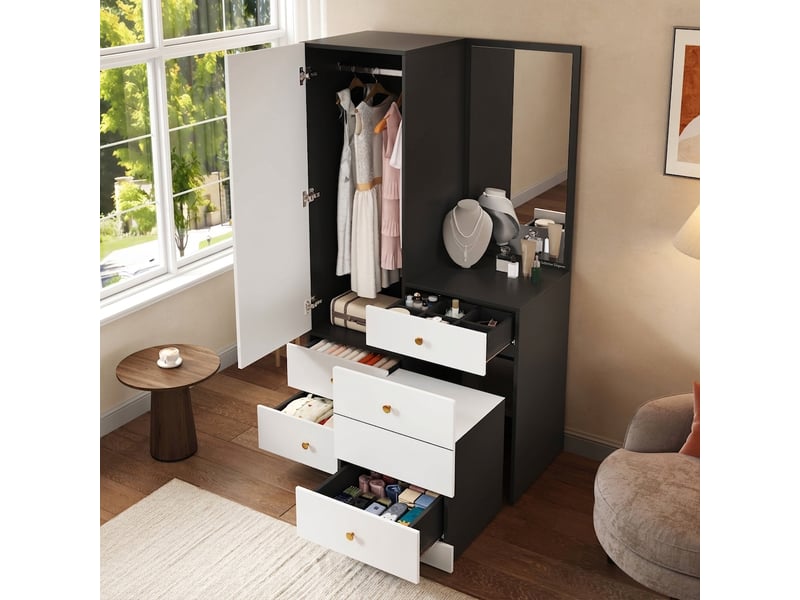  Armoire coiffeuse multifonction avec miroir pleine longueur, penderie et tabouret escamotable, noir et blanc  - Conforama D