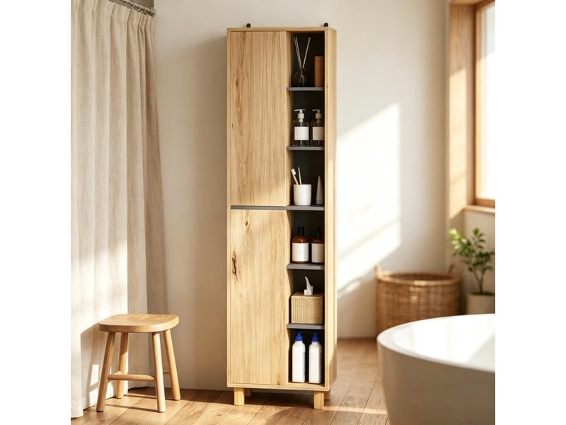  Armoire de salle de bain haute avec 6 compartiments ouverts et 2 portes, unité de rangement pour la maison  - Conforama B