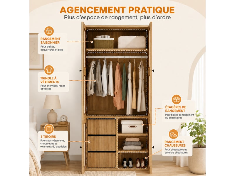  Armoire de chambre 90 x 47 x 200 cm, façade effet rotin, 3 tiroirs et 2 portes battante, 1 penderie, 4 étagères, chêne  - Conforama D