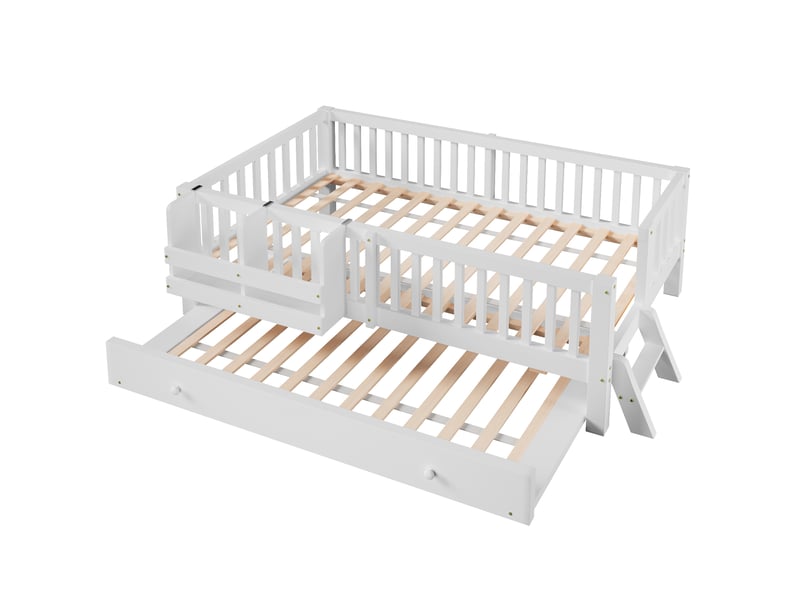  Lit plateforme 90x200 cm avec lit gigogne, garde-corps, échelle et étagère réversibles, style scandinave, bois massif et mdf, blanc OMNIGLINT TRADING LTD - Conforama E