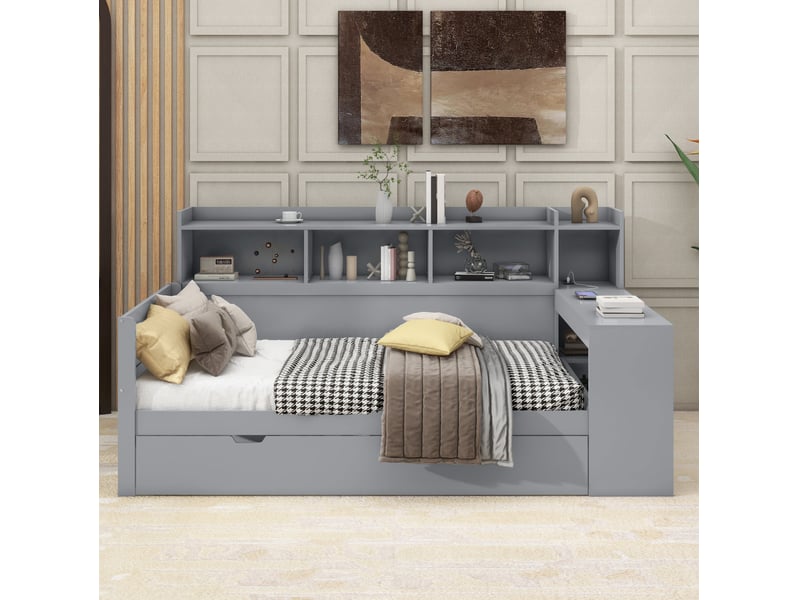  Lit 90x200 cm avec bureau, 2 tiroirs et prises usb, coloris gris, sans matelas  - Conforama D
