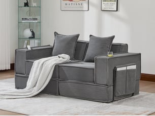 Canapé modulable 2 places convertible lit, mousse haute densité ergonomique, porte-gobelets, rangements, salon chambre bureau