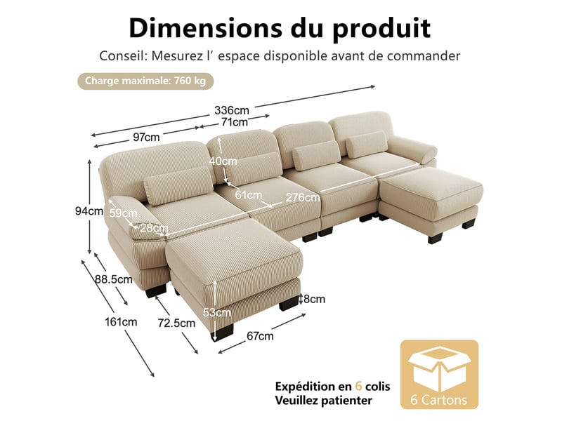 Canapé modulaire 2 places 194x161x94 cm, tendre, assise profonde, dossier, avec 2 poufs, en velours côtelé, beige - Conforama C
