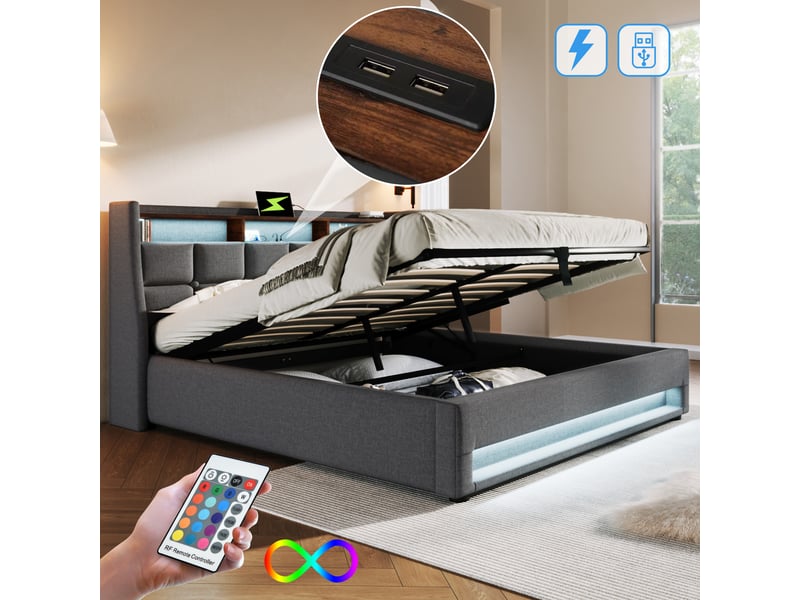  Lit coffre 140x200 - lit double avec éclairage led et usb - lin - sans matelas - gris  - Conforama D