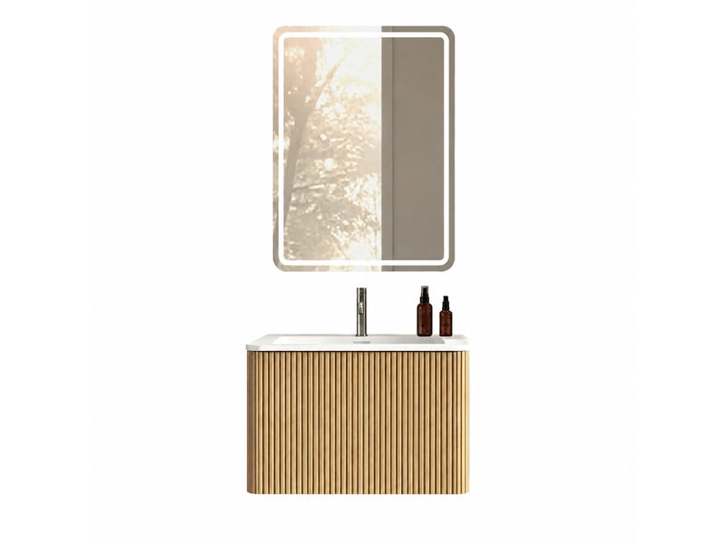  Ensemble meuble vasque suspendu 60 cm avec miroir led, finition chêne  - Conforama A