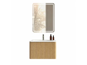 Ensemble meuble vasque suspendu 60 cm avec miroir led, finition chêne