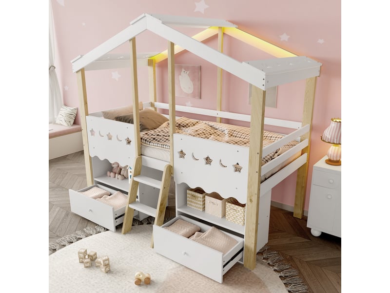  Lit mezzanine enfant, lit simple 90×200 cm avec 2 tiroirs, étagères et led, sans matelas, blanc et naturel  - Conforama C