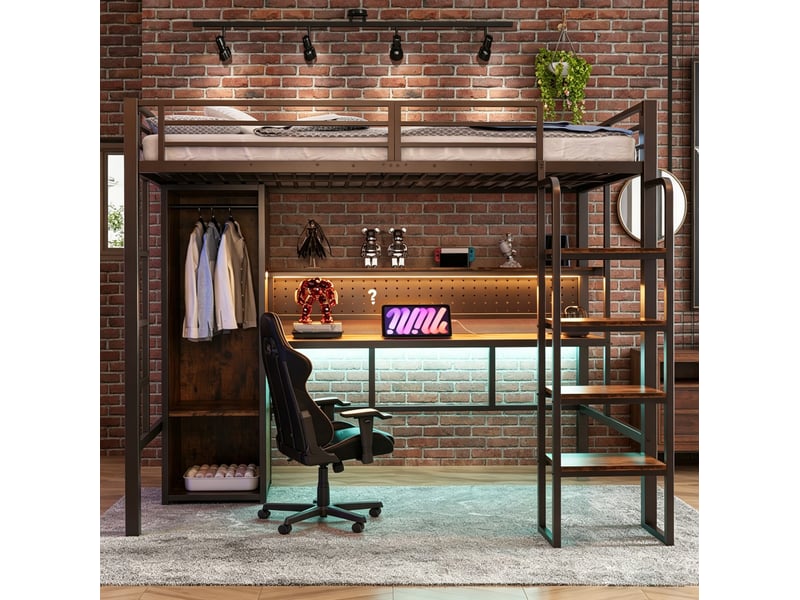 Lit mezzanine enfant 90x200 cm – noir – bureau, armoire, étagères et led multicolore - sans matelas - Conforama B