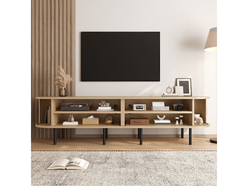  Meuble tv 170x40x46 cm, portes coulissantes, passe-câbles, façades texturées, pieds métal, grand rangement pour salon - naturel  - Conforama D