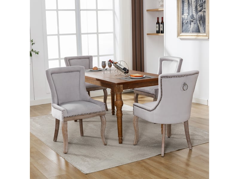  Chaise de salle à manger luxueuse (chaise de cuisine, chaise de salon, lot de 4), chaise rembourrée avec garniture cloutée, pieds en bois massif, revêtement en velours, gris  - Conforama D