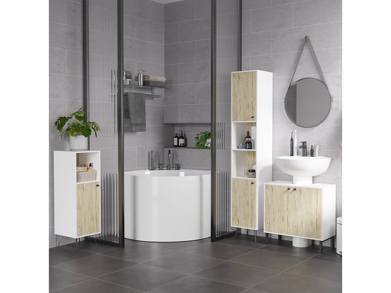  Meuble de salle de bain avec compartiment ouvert et porte, meuble en bois multifonctionnel gain de place, 31,5 x 30 x 91 cm, chêne et blanc  - Conforama C
