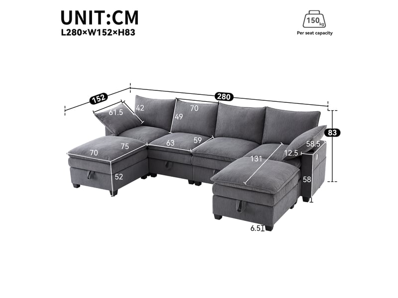 Canapé d’angle modulable 56 places en lu avec rangement, 2 poufs amovibles, ports usb, porte-gobelets, tissu côtelé - gris  - Conforama D