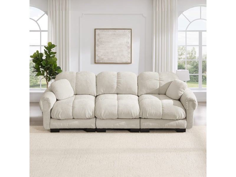  Canapé 3 places effet nuage en tissu chenille kaki clair, assises épaisses, dossier ergonomique et 2 coussins décoratifs SF20260031004 - Conforama B