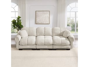 Canapé 3 places effet nuage en tissu chenille kaki clair, assises épaisses, dossier ergonomique et 2 coussins décoratifs