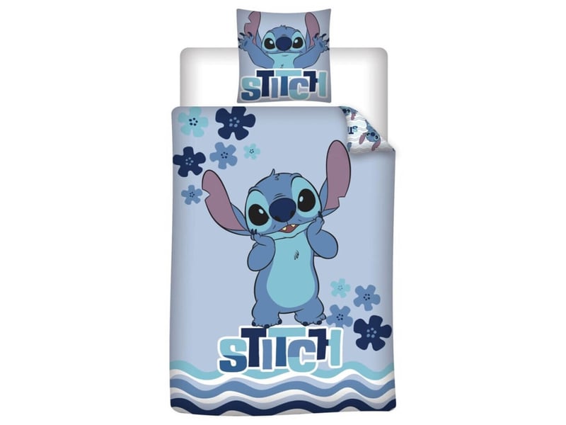  Housse de couette disney stitch – fleurs &amp; vagues – réversible – 140x200 cm + 65x65 cm – bleu  - Conforama A