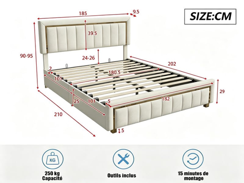 Lit coffre 180x200 cm ezssw, coloris beige - Conforama C