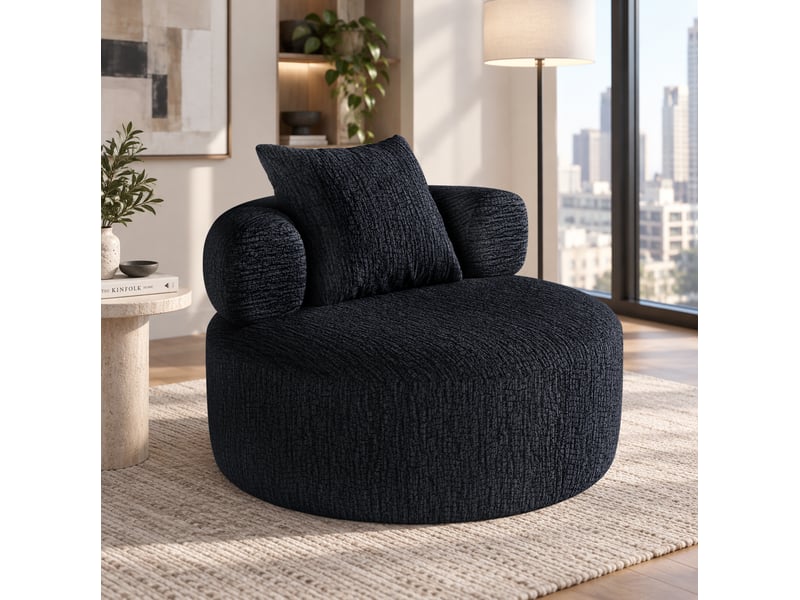 Fauteuil relax rond 1 place en chenille noir, 100x100x65 cm - Conforama W