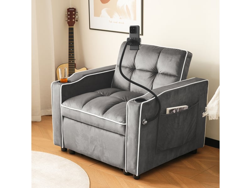 Fauteuil convertible 3 en 1, canapé-lit 1 place velours avec porte-gobelets et support téléphone, gris foncé, 83x167x76cm - Conforama C