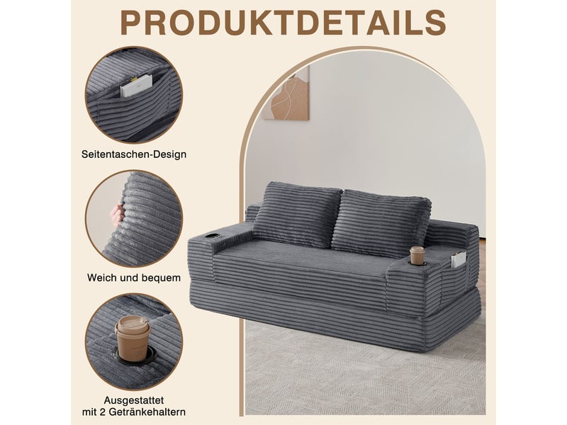  Canapé-lit 2 en 1 180 cm, canapé convertible avec porte-gobelets, poches de rangement, 2 coussins, tissu côtelé ，gris  - Conforama D