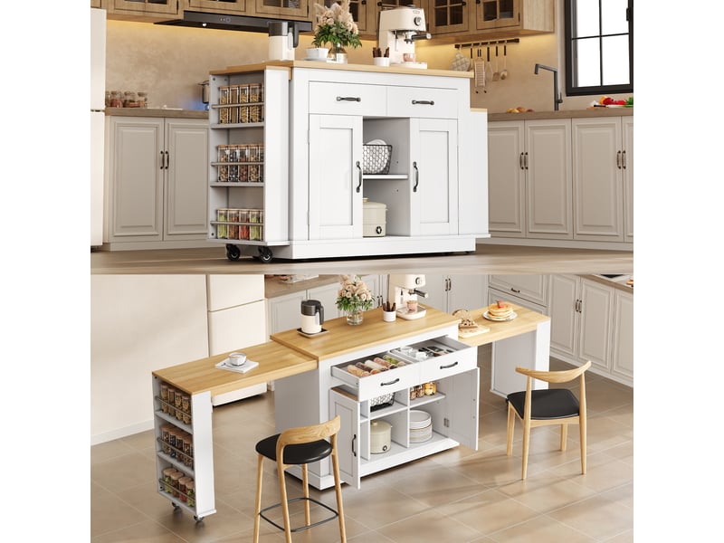 Îlot de cuisine extensible avec double plan de travail, longueur maximale 340 cm, prises électriques et ports usb, 142x55x93cm - Conforama C