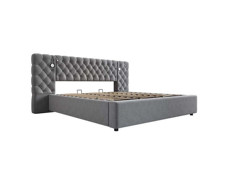 Lit coffre double 180 x 200 cm, coffre à relevage hydraulique, lampe de lecture, tête de lit large, sommier à lattes, pour la chambre, velours, gris ABC - Conforama A