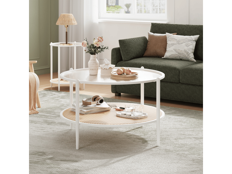  Table basse bohème moderne 2 niveaux rotin, plateau verre trempé ondulé, cadre métal robuste, étagère rangement salon bureau ,blanc PHK_346T83PK - Conforama B