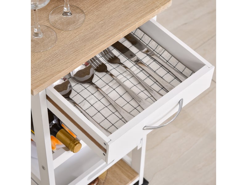  Chariot de service desserte de cuisine à roulettes 2 étagères + amovible plateau + tiroir blanc chêne clair  - Conforama W