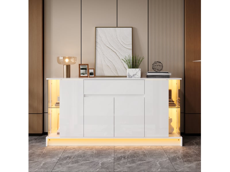 Buffet 150x40x75 cm avec vitrines led réglables par application en panneaux de particules blanc - Conforama C