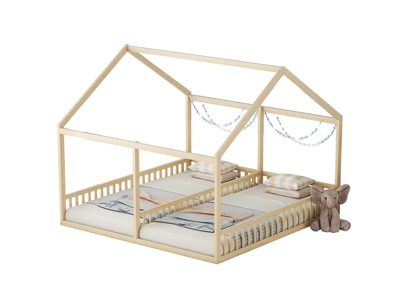  Modenvie lit cabane double 2 x 90x200 cm - avec barrières et structure en pin - pour chambre d'enfant - naturel  - Conforama A