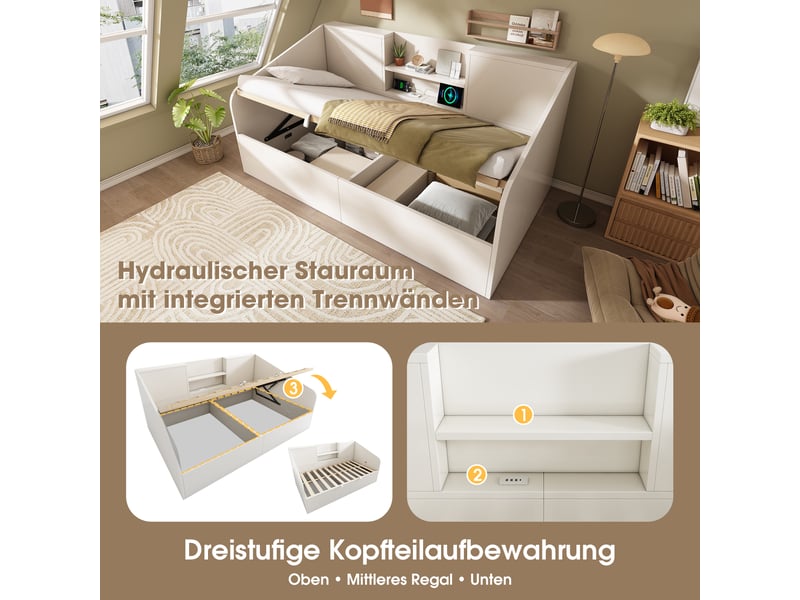  Lit coffre 90 x 200 cm avec sommier relevable hydraulique, sans matelas, blanc  - Conforama E