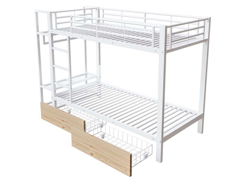 Lit superposé avec 2 tiroirs, étagères, led et penderie, métal blanc, 90x200 cm, sans matelas - Conforama E