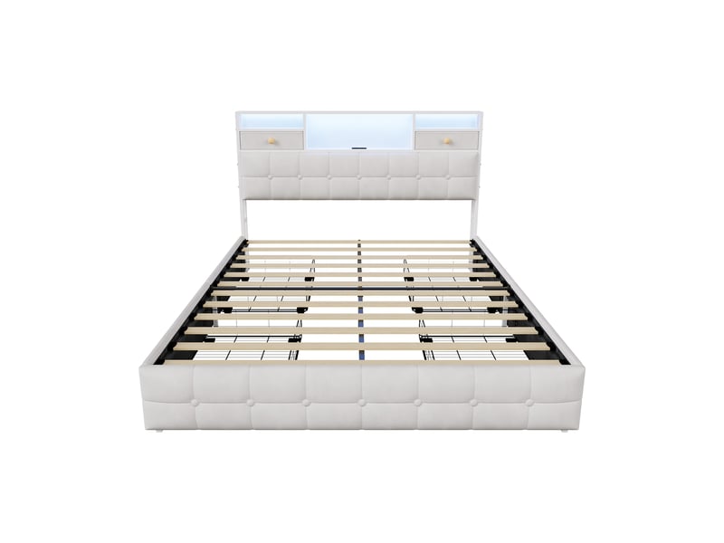  Lit 140x200 avec 4 tiroirs, lit adulte avec led rgb et ports de charge, lit double, tête de lit avec rangement intégré, tissu velours, moderne, beige  - Conforama A