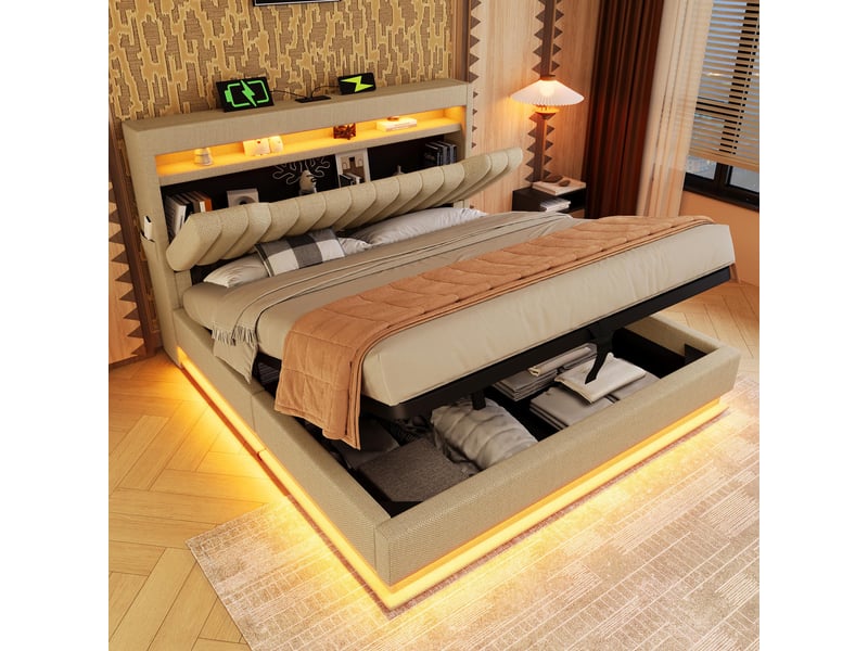  Lit coffre 140x190 cm, rangement hydraulique, tête de lit avec rangement, éclairage led, usb et usb-c pour chambre - beige  - Conforama E