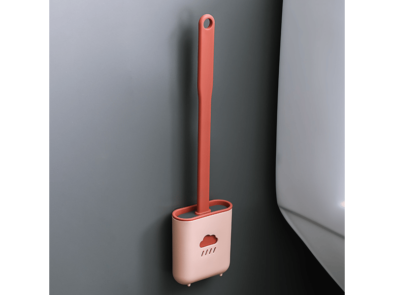  Ensemble de brosses de toilette en silicone antibactérien rose, comprenant un porte-brosse et une brosse de toilette suspendue en silicone à séchage  - Conforama C