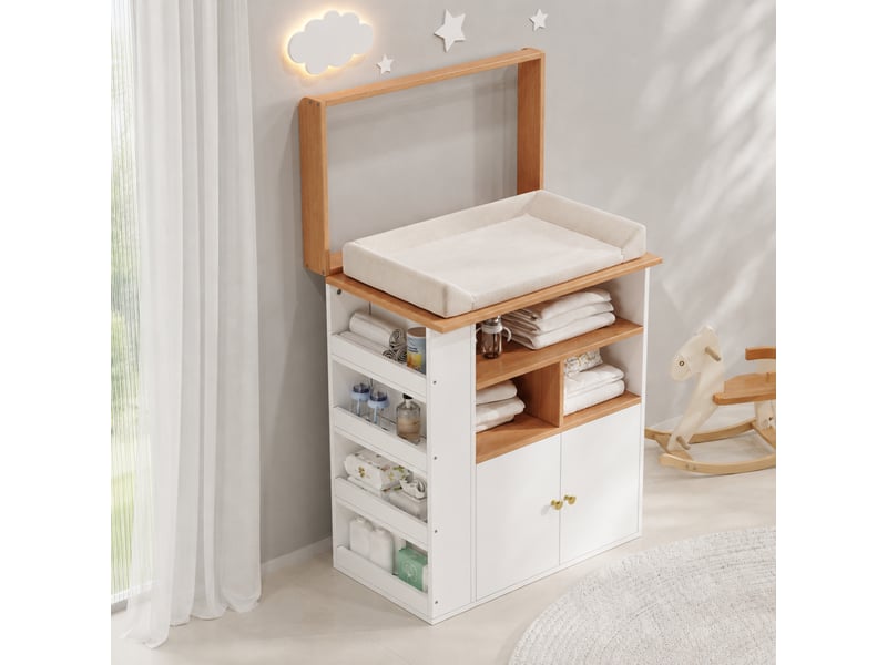  Table à langer bébé 2 en 1 avec rangements mdf bois et blanc 82x50x100 cm  - Conforama R