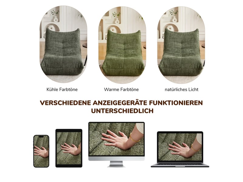  Fauteuil canapé - chauffeuse de sol ergonomique, mousse haute densité, salon et chambre - en chenille vert olive  - Conforama D