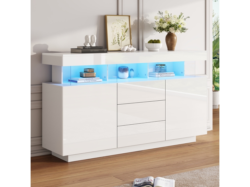  Buffet 140x35x80 cm, éclairage led 16 couleurs, panneaux de particules et acrylique, style contemporain, coloris blanc  - Conforama B