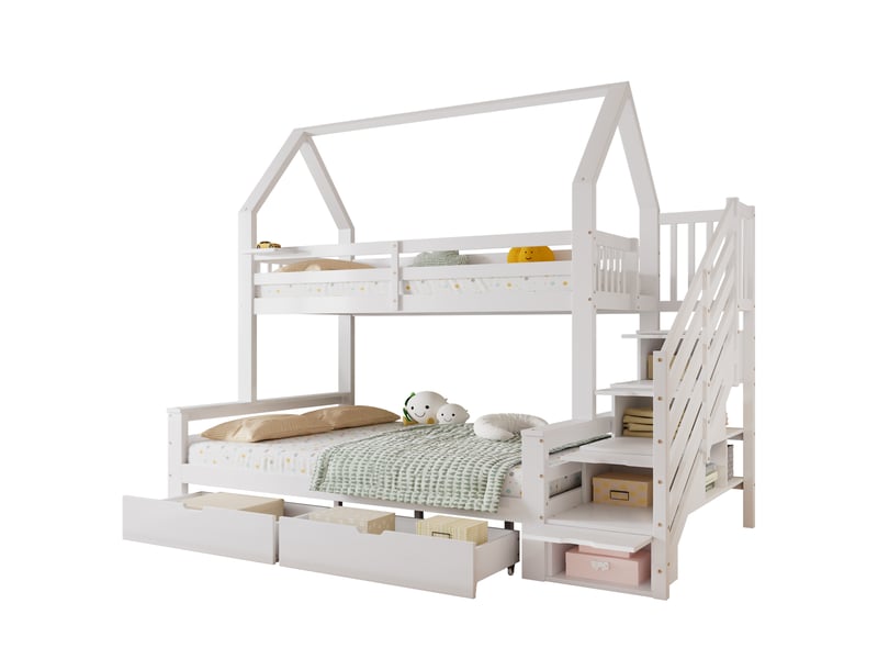  Modenvie lit superposé enfant 90x200 cm et 140x200 cm - avec rangement, design cabane, sans matelas - blanc  - Conforama A