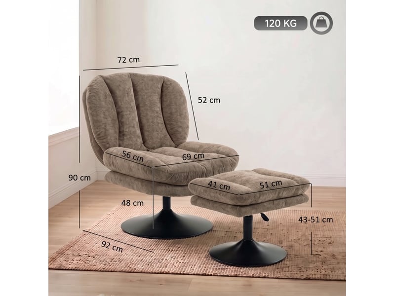  Fauteuil pivotant à 360 degrés avec repose-pieds réglable en hauteur et dossier incurvé, en velours polyester marron  - Conforama C